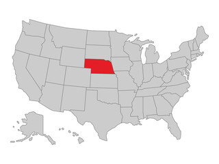 United States political map with Nebraska state highlighted, vector illustration of US map with states