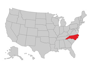 United States political map with North Carolina state highlighted, vector illustration of US map with states