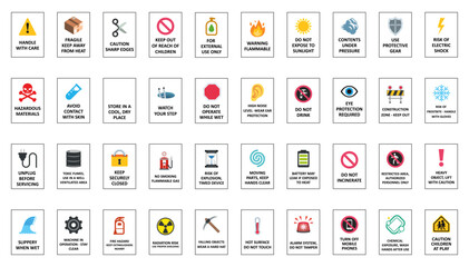 Comprehensive Collection of Safety Warning Signs, Hazard Symbols and Prohibition Icons for Workplace, Industrial, and Product Safety, Vector Graphic Illustration Set