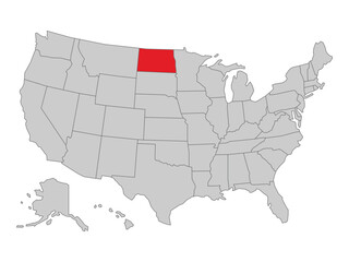 United States political map with North Dakota state highlighted, vector illustration of US map with states