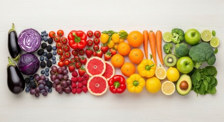 An overhead view of assorted fresh fruits and vegetables meticulously arranged by color in a horizontal gradient on a light-toned wooden surface