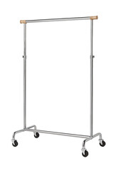 Photo of adjustable chrome garment rack with wheels and wooden bar, isolated on transparent background