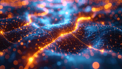 Digital Data Wave: A vibrant digital data stream pulsates with energy, illuminating a complex network of connections and interactions in a mesmerizing display of modern technology.