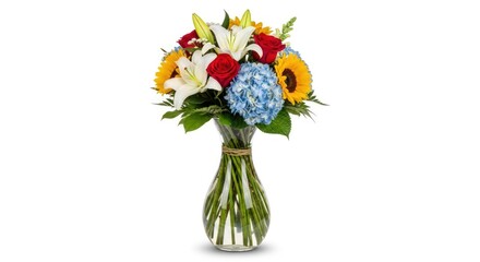 Vibrant Flower Bouquet in Glass Vase Isolated on White Background
