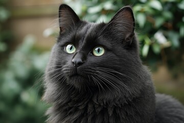 A black cat with green eyes sitting in front of a bush