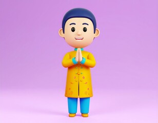 Smiling cartoon character in traditional attire