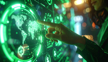 Cyber Interface: A person's hand interacts with a holographic digital display, symbolizing the technological marvels of the modern era, evoking an atmosphere of innovation and connectivity. 