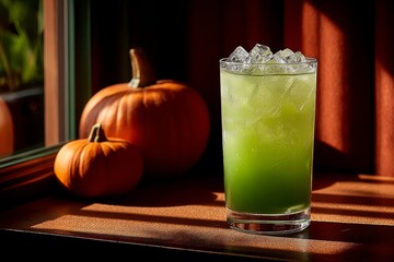 Witches Brew Lemonade in tall glass, filled with green citrus drink with frozen fingers, ice cubes, warm light from window. Concept of Witches Brew Lemonade, capturing autumn vibes.