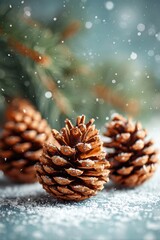 Fototapeta premium Snow-dusted pine cones in winter setting