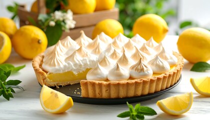Lemon meringue pie, slice missing, fresh lemons