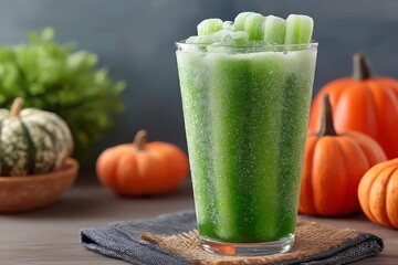 Witches Brew Lemonade in tall glass, vibrant green color, topped with ice cubes, on wooden table. Concept of Witches Brew Lemonade, featuring green citrus drink with frozen fingers.