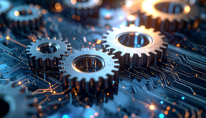 Mechanical Harmony: A close-up shot reveals a mesmerizing assembly of intricately designed gears interconnected, resting atop a high-tech circuit board.