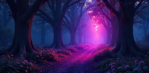 Fototapeta premium Ethereal glowing forest path at twilight, mystical light illuminates ancient trees and sparkling flora, magical atmosphere, fantasy landscape , fantasy, magical