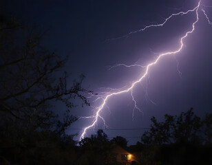 Generative ai on theme of scary bright electric lightning bolt with branches in the night dark sky, lightning in the night sky. horroe movie banner