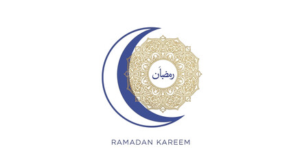 Elegant blue crescent moon with golden Islamic mandala and Arabic Ramadan calligraphy.