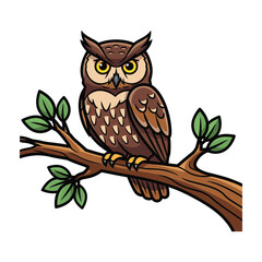 Obraz premium Cartoon owl with yellow eyes perched on a brown tree branch with green leaves bird illustration