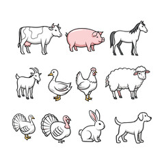 Collection of cartoon farm animals and pets on white background horse goat