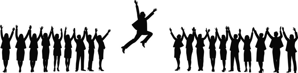 Businessman jumping between two cheering groups, career success, achievement, leadership, motivation, opportunity, teamwork, support, ambition, celebration