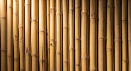Fototapeta premium Vertical arrangement of bamboo stalks creating a textured, natural background with warm tones.