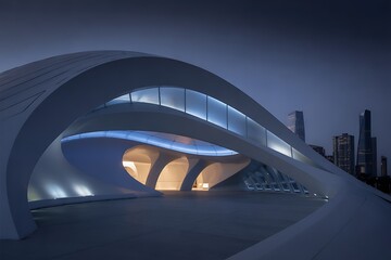Fototapeta premium A Stunning Architectural Masterpiece: The Contemporary Design of the Modern White Building at Dusk