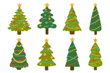 Set of simple Christmas trees with different decorations. Holiday design for cards, banners, packaging and textiles. 