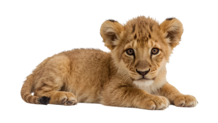 Playful Cub: A cute lion cub rests, exuding innocence with its striking gaze and soft fur, inviting connection through this charming animal portrait.
