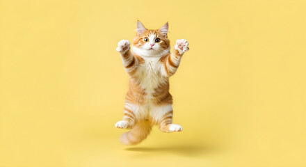 Playful ginger cat leaping with paws up in a joyful pose against a sunny yellow backdrop
