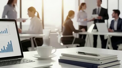 Modern office workspace with laptop displaying business analytics charts, coffee cup and stacked books. Professional team meeting in bright corporate environment with financial data visualization - Powered by Adobe