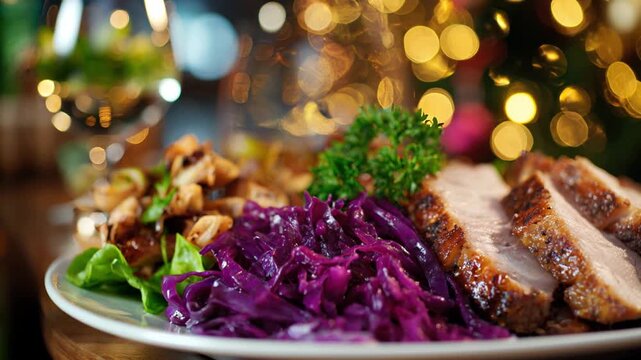 Festive Roast Pork Platter with Red Cabbage and Bokeh Lights. Camera pans left.