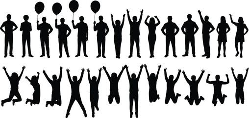 Group of diverse people silhouettes standing, holding balloons, jumping, celebrating, happy moments, unity, excitement, joy, teamwork, positive energy, togetherness, fun