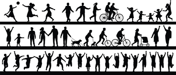 Happy families, children, parents and pets walking, playing, jumping, biking, and enjoying outdoor activities together in silhouette illustration style