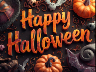 Halloween Lettering  with Autumn Colors and Decorative Illustrations