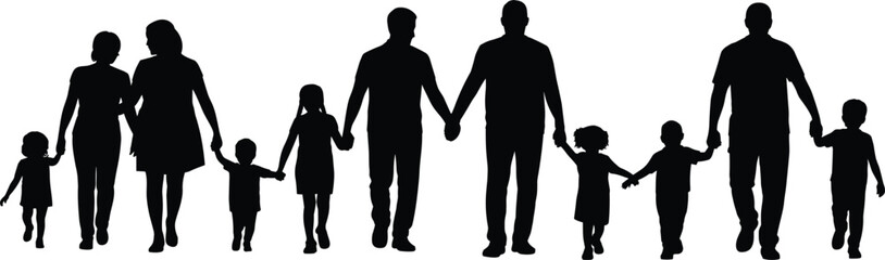 Large family holding hands walking together, happy parents with children, diverse multigenerational family, love, unity, support, outdoor activity, bonding