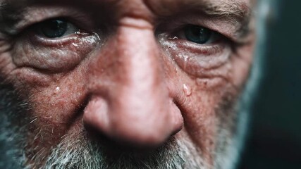 Close up of face, tears in eyes. Old man with wrinkles on face crying and experiencing suffering and pain, strong emotion concept - Powered by Adobe