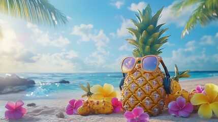 Pineapple wearing sunglasses relaxing on the sandy beach with tropical flowers photo