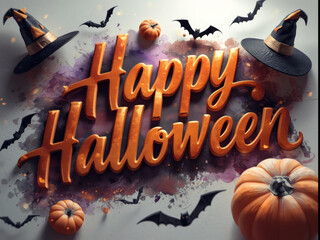 Happy Halloween 3D Lettering with Pumpkins, Witch Hats, and Flying Bats 