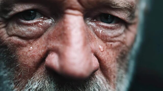 Close up of face, tears in eyes. Old man with wrinkles on face crying and experiencing suffering and pain, strong emotion concept
