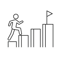 Person climbing stairs to reach a flag, success concept steps achievement progress growth goal target people icon line art illustration