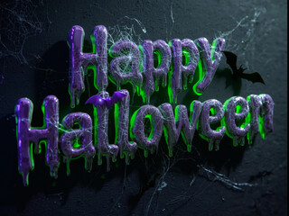 3D Happy Halloween Slime Text in Glowing Green and Purple with Bats and Cobwebs