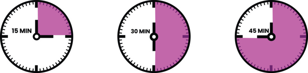 Three clocks showing different times with shaded portions representing fractions of an hour