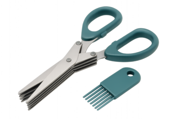 Photo of multiblade herb scissors with a teal handle and a matching comb for chopping herbs, isolated on transparent background