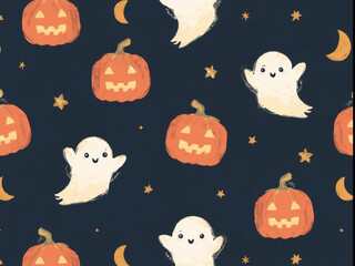 Whimsical Halloween Pattern with Friendly Ghosts, Pumpkins, Moons, and Stars on Dark Blue Background