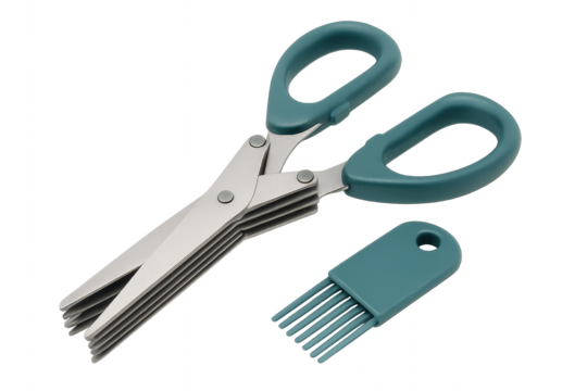 Photo of multiblade herb scissors with a teal handle and a matching comb for chopping herbs, isolated on transparent background