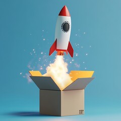 Rocket ship launching from a cardboard box representing innovative new ideas concept photo