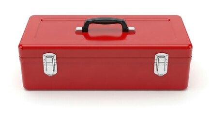 A red metal toolbox with a black handle sits on a white background.