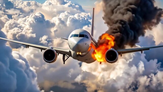 Airplane on fire flying in clouds with smoke from engine failure. Danger emergency flight concept