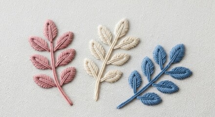 Embroidered Leaf Sprigs on Fabric, Hand-Stitched Embroidery, Floral Design