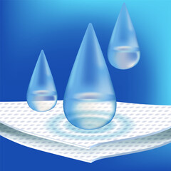 Absorbent two-layer material with water drops. Infographic for toilet paper, napkins, wipes and other hygiene product. Label for packaging paper towels, napkins. Realistic vector illustration.