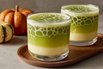 Zombie Brain Shots served in glasses with honeycomb pattern, vibrant layered drink with jelly, cozy kitchen setting. Concept of Zombie Brain Shots highlights fun, festive atmosphere.