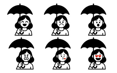 set character girl with umbrella with emotion vector
Vector set character with emotions joy, sadness, satisfaction, anger, love, kiss